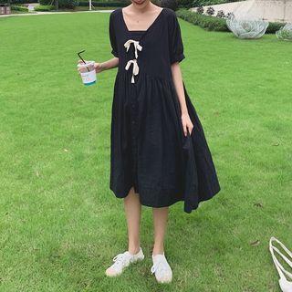 Ribbon Accent Short Sleeve Dress Black - One Size