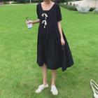 Ribbon Accent Short Sleeve Dress Black - One Size