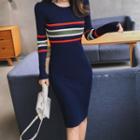 Long-sleeve Midi Sheath Knit Dress Dark Blue - One Size