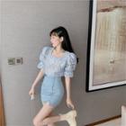 Lace Puff-sleeve Top / High Waist Split Skirt