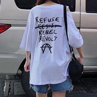 3/4-sleeve Cutout Printed T-shirt