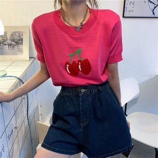 Puff-sleeve Cherry Print Knit Top