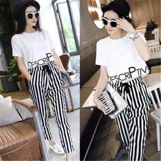 Set: Short-sleeve Lettering T-shirt + Drawstring Waist Striped Pants