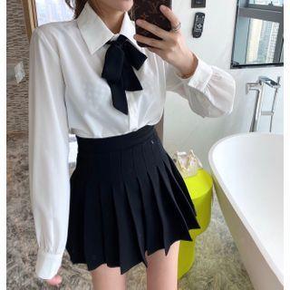 Plain Loose-fit Long-sleeve Shirt With Bow