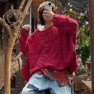 Long-sleeve Linen Top Dark Red & Floral - Dark Red - One Size