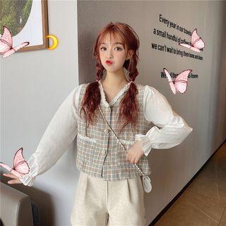 Long-sleeve Buttoned Paneled Plaid Top