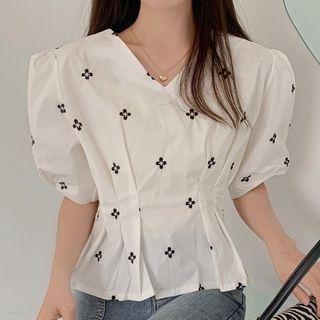 Short-sleeve Floral Embroidered V-neck Top