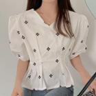 Short-sleeve Floral Embroidered V-neck Top