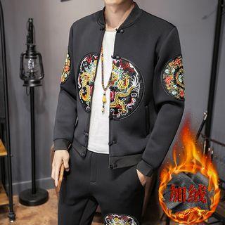 Dragon Embroidered Frog-button Fleece-lined Jacket