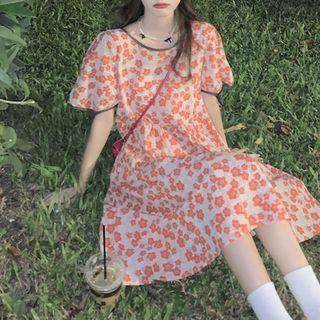 Short-sleeve Floral Print Midi Dress Orange Floral - Beige - One Size