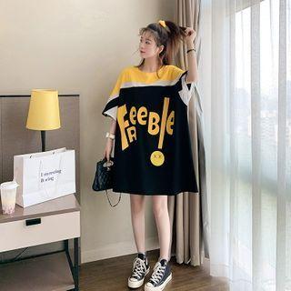Elbow-sleeve Color Block Letter Print T-shirt