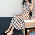 Short Sleeve Check Shirtdress As Shown In Figure - One Size