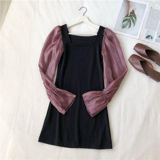Long-sleeve Mesh Panel Shift Dress Black - One Size