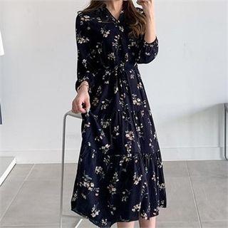 Half-placket Floral Print Dress Navy Blue - One Size