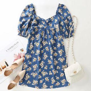 Puff-sleeve Square-neck Print Dress
