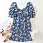 Puff-sleeve Square-neck Print Dress