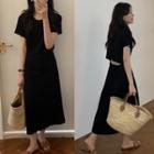 Short-sleeve Open Back Midi A-line Dress Black - One Size