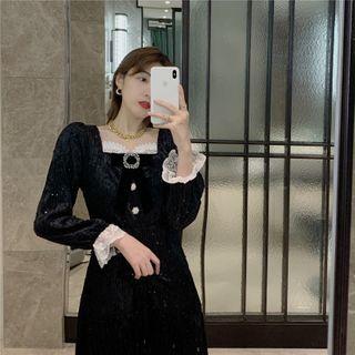 Square-neck Lace Panel Rhinestone Velvet Dress