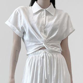 Short-sleeve Plain Knotted Shirt