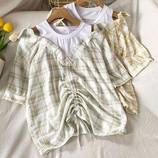 Mock Two-piece Cold-shoulder Drawstring Plaid Blouse