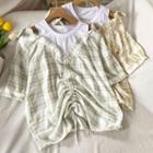 Mock Two-piece Cold-shoulder Drawstring Plaid Blouse