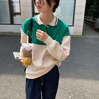 Long-sleeve Color-block Sweatshirt Green & Off White - One Size
