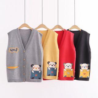 Cartoon Bear Print Button-up Sweater Vest