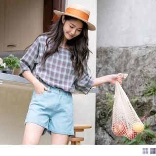 Puff-sleeve Check Button Back Blouse