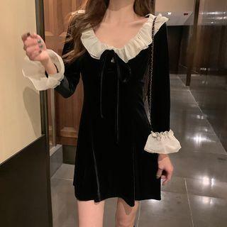 Ruffle Trim Long-sleeve Velvet A-line Dress