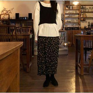 Plain Blouse / Knit Camisole Top / Floral Print Midi Skirt