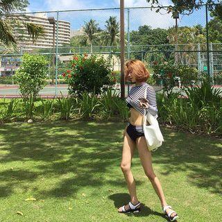Set: Stripe Cropped Cover-up + Bikini + Bottom