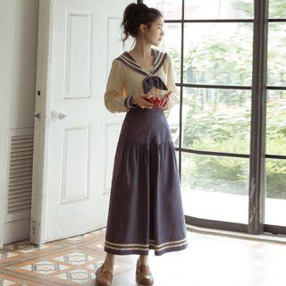 Set: Long-sleeve Sailor Collar Top / Midi A-line Skirt