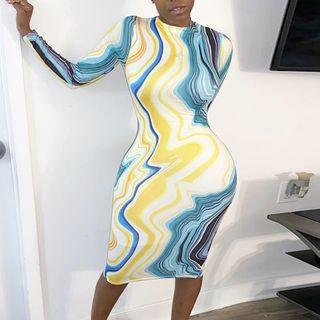 Long-sleeve Marble Print Bodycon Dress