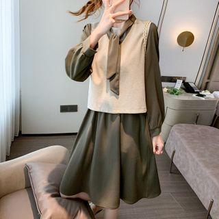 Set: Long-sleeve Tie-neck A-line Dress + Sweater Vest