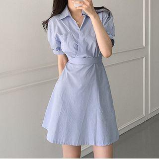 Puff-sleeve Striped A-line Mini Wrap Dress