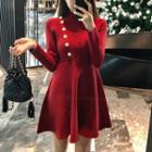 Long-sleeve Mini A-line Knit Dress Red - One Size