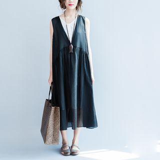 Mock Two-piece Sleeveless A-line Midi Dress