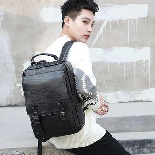 Faux Leather Dual Buckles Backpack Black - One Size