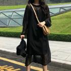 Set: Long-sleeve Sheer Midi Dress + Sleeveless Dress Black - One Size