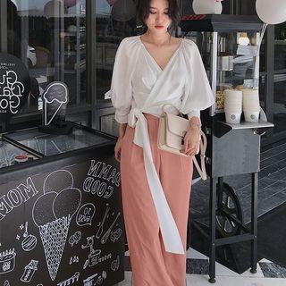 Lantern Sleeve Drawstring Blouse