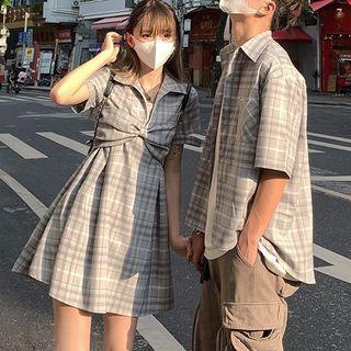 Short-sleeve Plaid Mini A-line Dress / Shirt