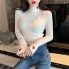 Turtle Neck Heart Embroidered Long-sleeve Knit Top