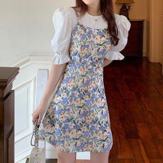 Puff-sleeve Plain Top / Floral Print Spaghetti-strap Dress