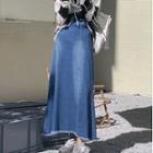 Slit-side Denim Midi A-line Skirt