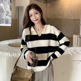 Striped Polo-neck Sweater Stripes - Black & White - One Size