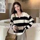 Striped Polo-neck Sweater Stripes - Black & White - One Size