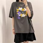 Elbow-sleeve Cartoon Print T-shirt Gray - One Size