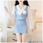 Set: Mock Two-piece Bow-accent Top + Skirt
