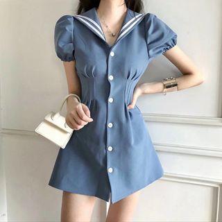 Puff-sleeve Striped Trim Buttoned A-line Mini Dress