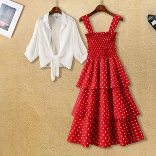 Sleeveless Dotted Midi Tiered Dress / Short-sleeve Blouse